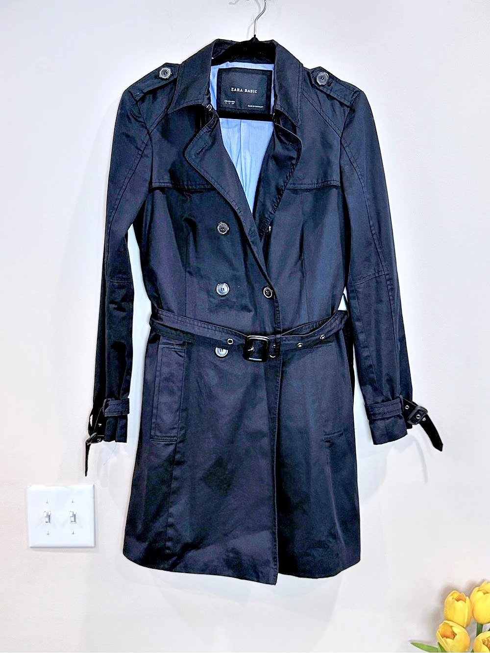 🔥Zara Black Cotton Trench Coat Size Large Like New🔥
